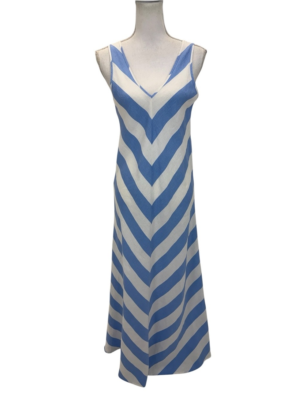 Neiman Marcus 100% Linen Striped Maxi Dress Small Blue/White